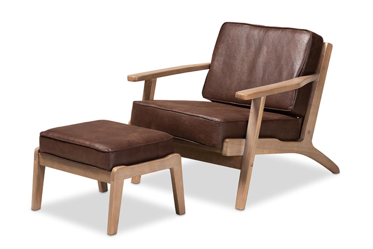 Baxton Studio Sigrid Mid-Century Modern Dark Brown Faux Leather Effect Fabric Upholstered Antique Oak Finished 2-Piece Wood Armchair and Ottoman Set